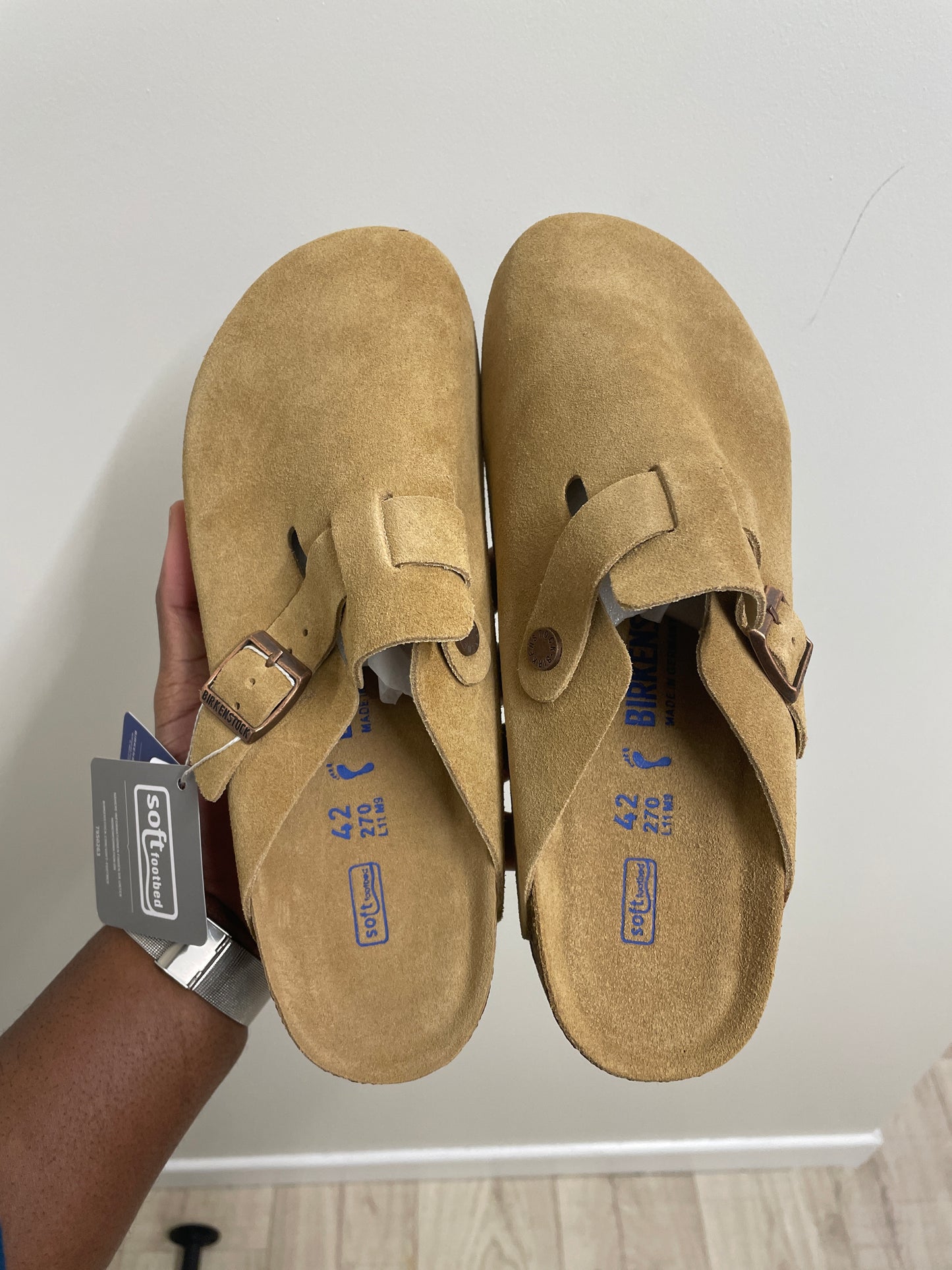 Latte Cream suede Birkenstock Boston clogs