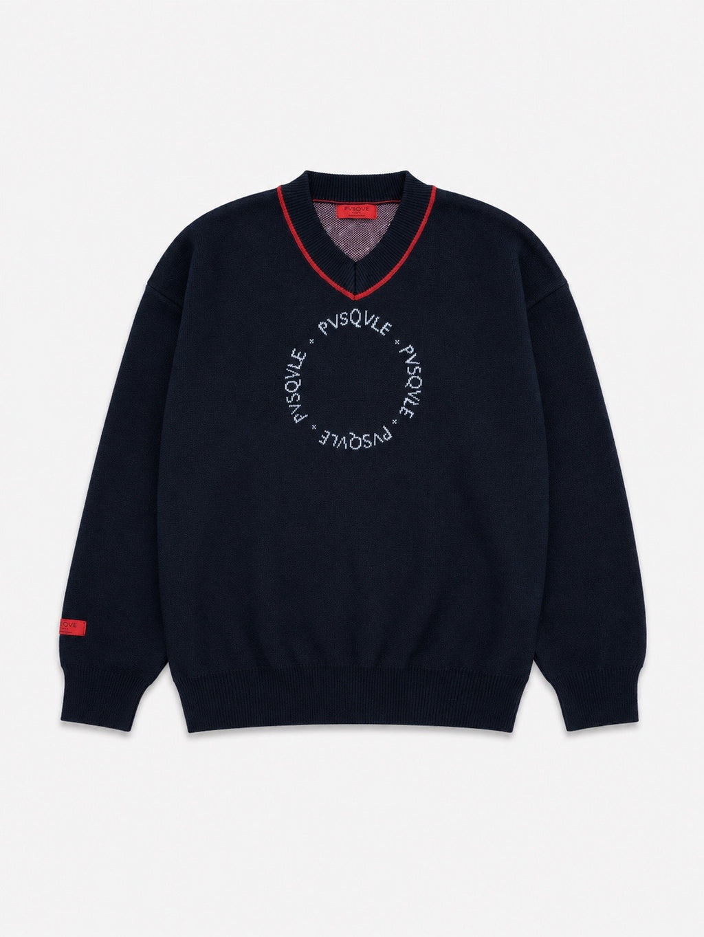 Black sweater with red accents and branding on a light gray background
